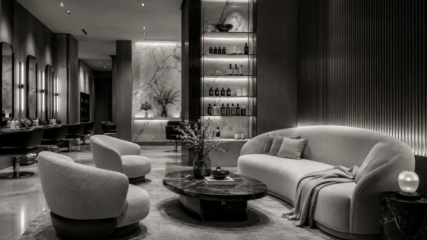 Lounge-Bereich des Maison Rouge Salons mit Sitzecke, Marmortisch und edlen Materialien