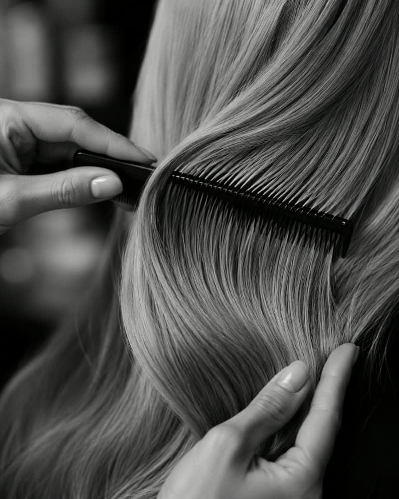 Detailaufnahme eines Kamms in glänzendem Haar