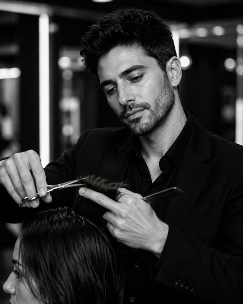 Stylist schneidet präzise das Haar einer Kundin
