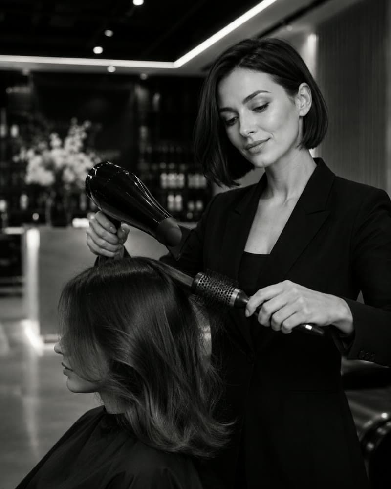 Stylistin föhnt und stylt das Haar einer Kundin
